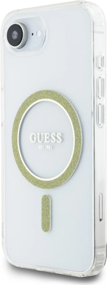 Mbështjellës Guess IML Glitter Circle MagSafe për iPhone 16e, Transparent