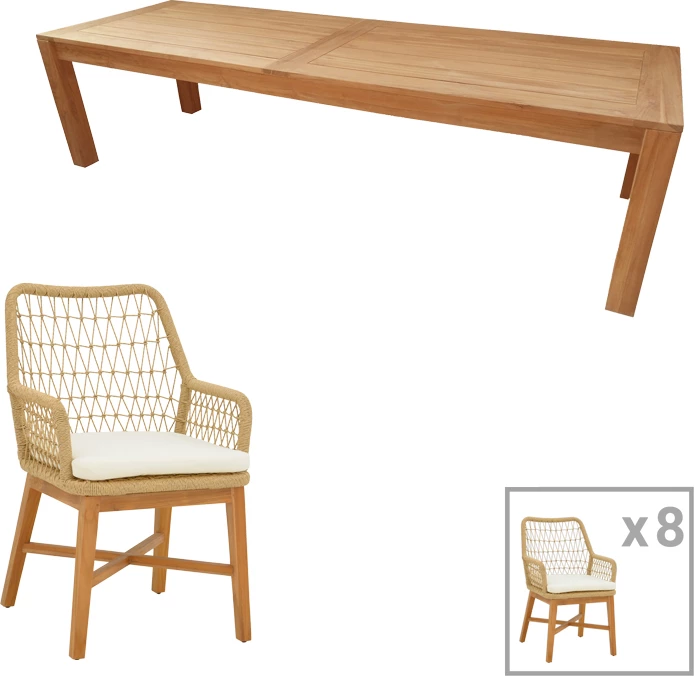 Tavolinë me karrige 9 copë Elaiza-Pablo dru tik ngjyrë natyrale-bezhë 240x100x76cm