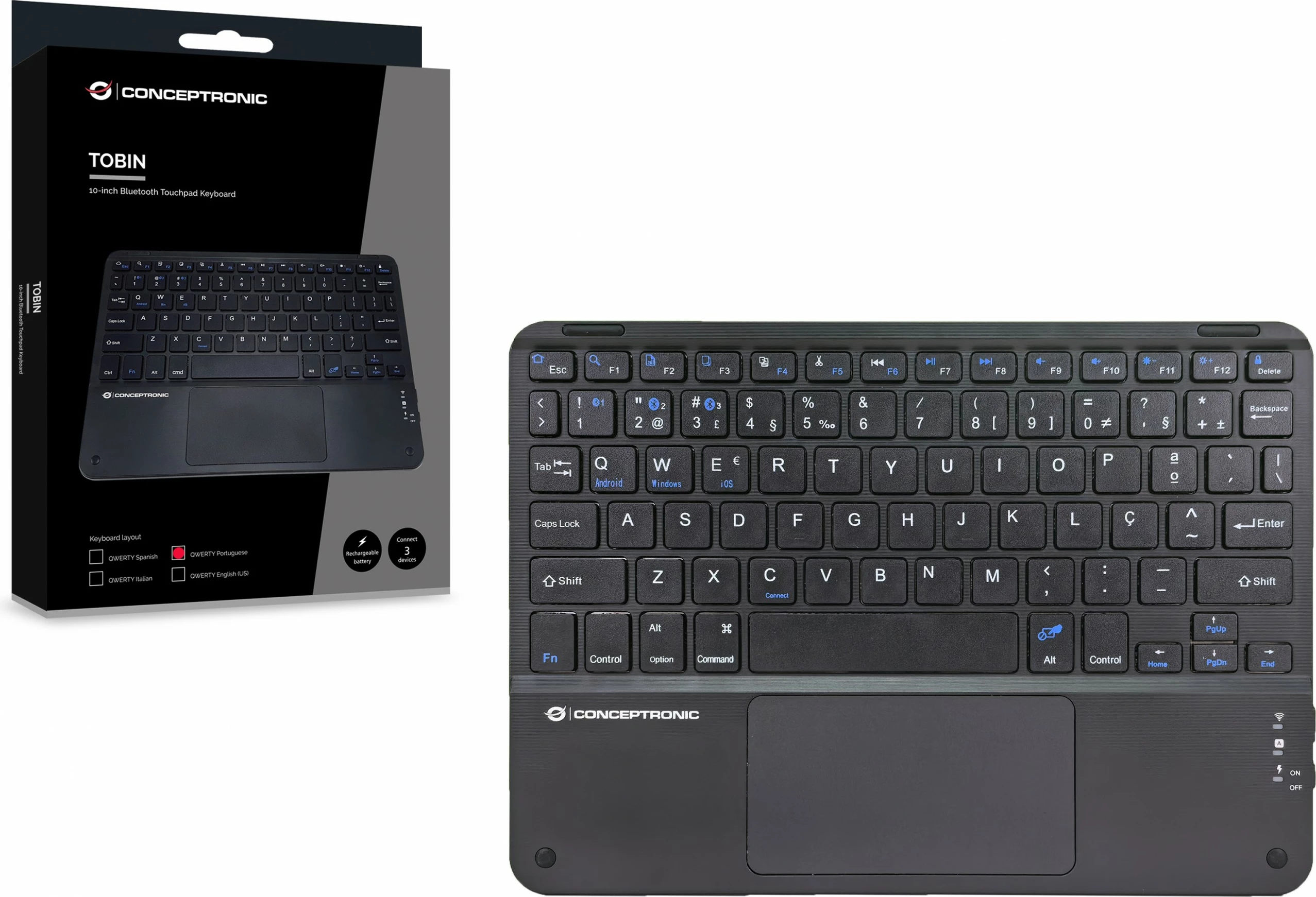 Tastierë wireless Conceptronic, QWERTY portugalisht, touchpad, Bluetooth, e zezë