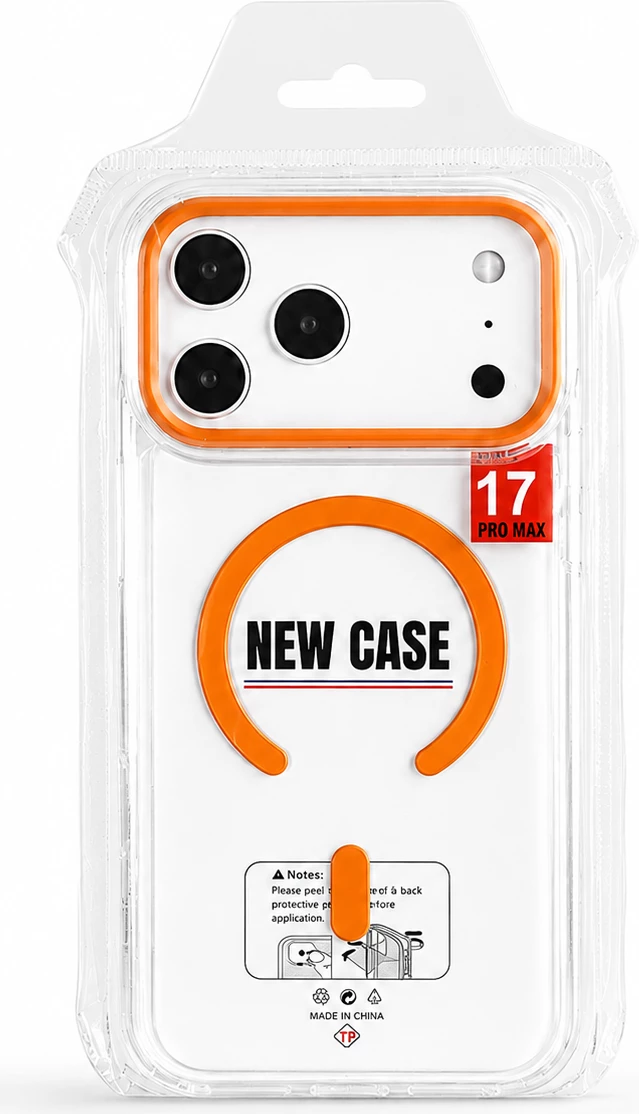 Mbrojtëse transparente magnetike për iPhone 17 Pro Max me kornizë kamere ngjyre e portokalltë