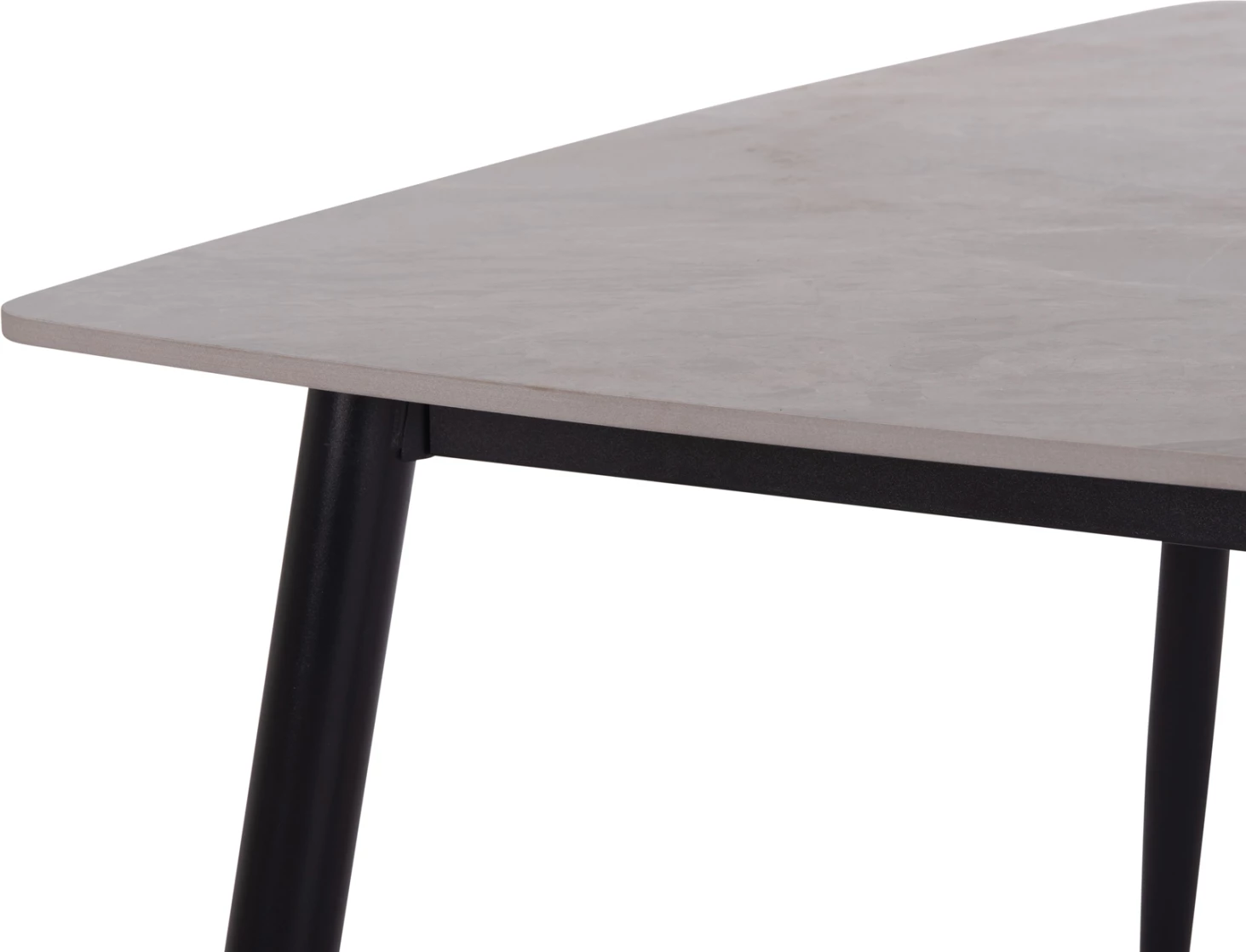 Tavolinë ngrënieje RAVEN, sipërfaqe qeramike ngjyrë mermeri gri, këmbë metalike të zeza, 120x70x73cm