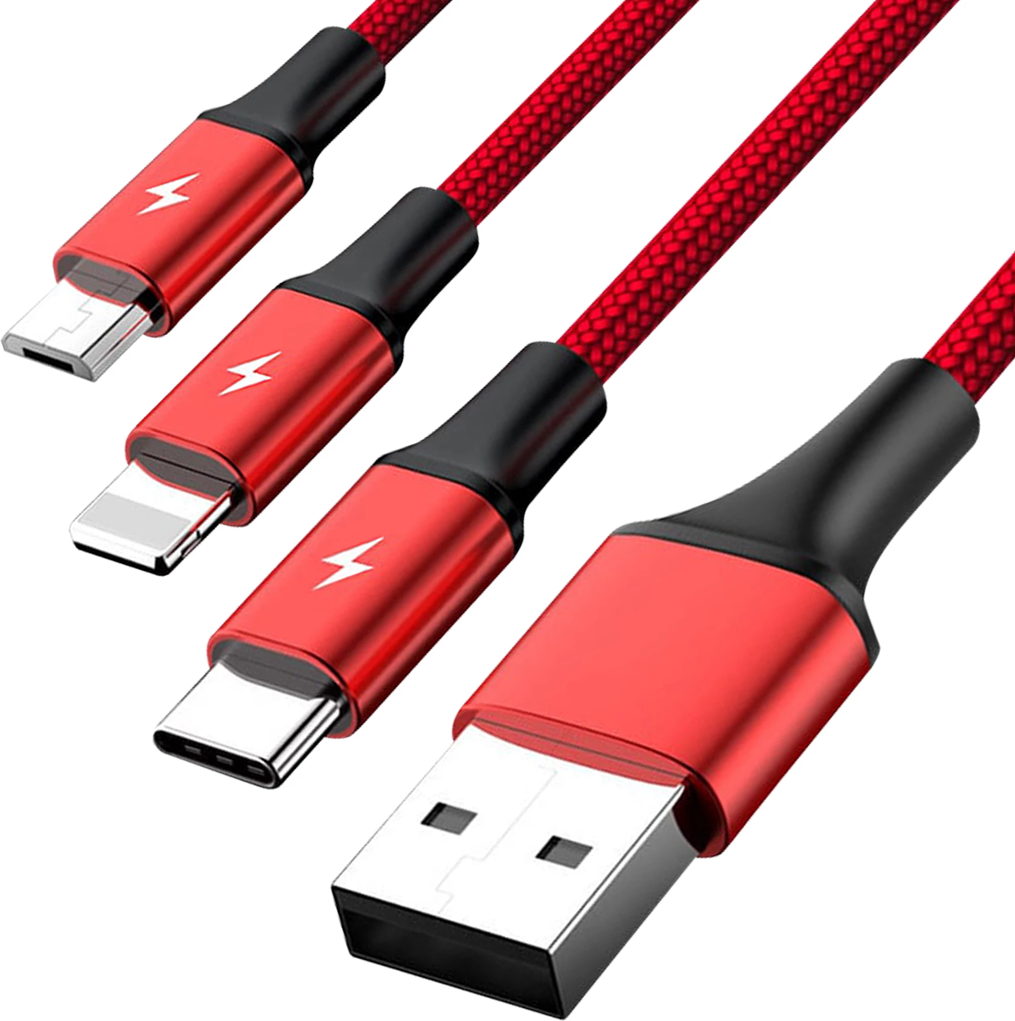 Kabllo karikimi USB-A në USB-C/MicroUSB/Lightning Unitek C4049RD 1.2 m 3A, e kuqe