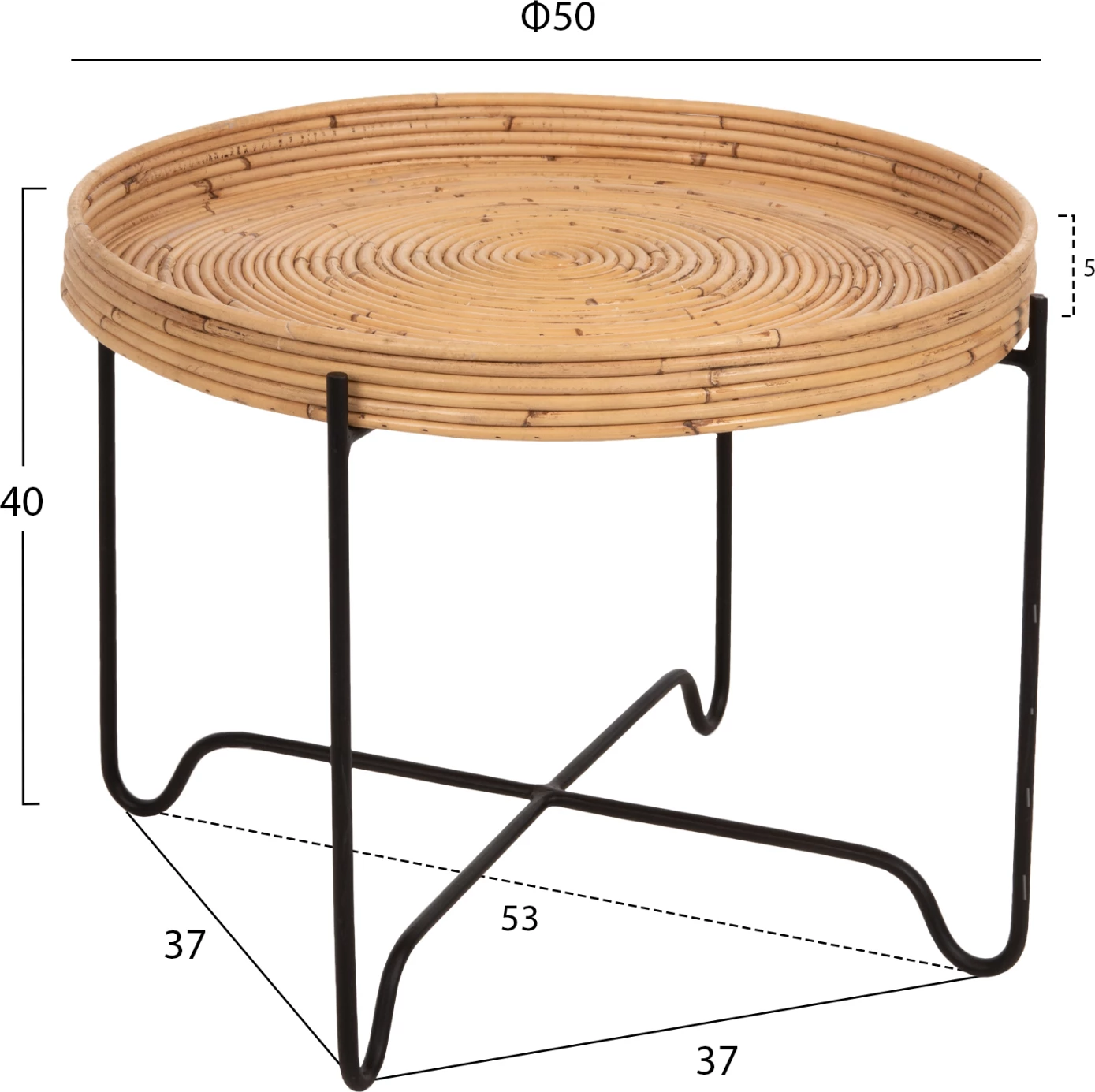Tavolinë anësore rrethore FLY, rattan natyral, bazë metalike e zezë, Φ50x40H cm