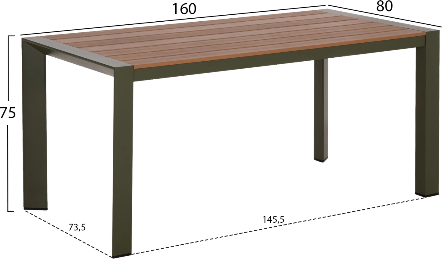 Tavolinë për jashtë GOYA, alumin ngjyrë ulliri & polywood, 160x80x75cm