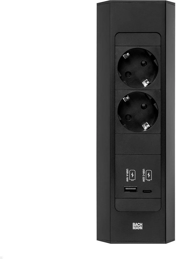 Prizë tavoline Bachmann Casia 2, 2x Schuko + USB-A/USB-C PD 22W, kabllo 2 m, e zezë