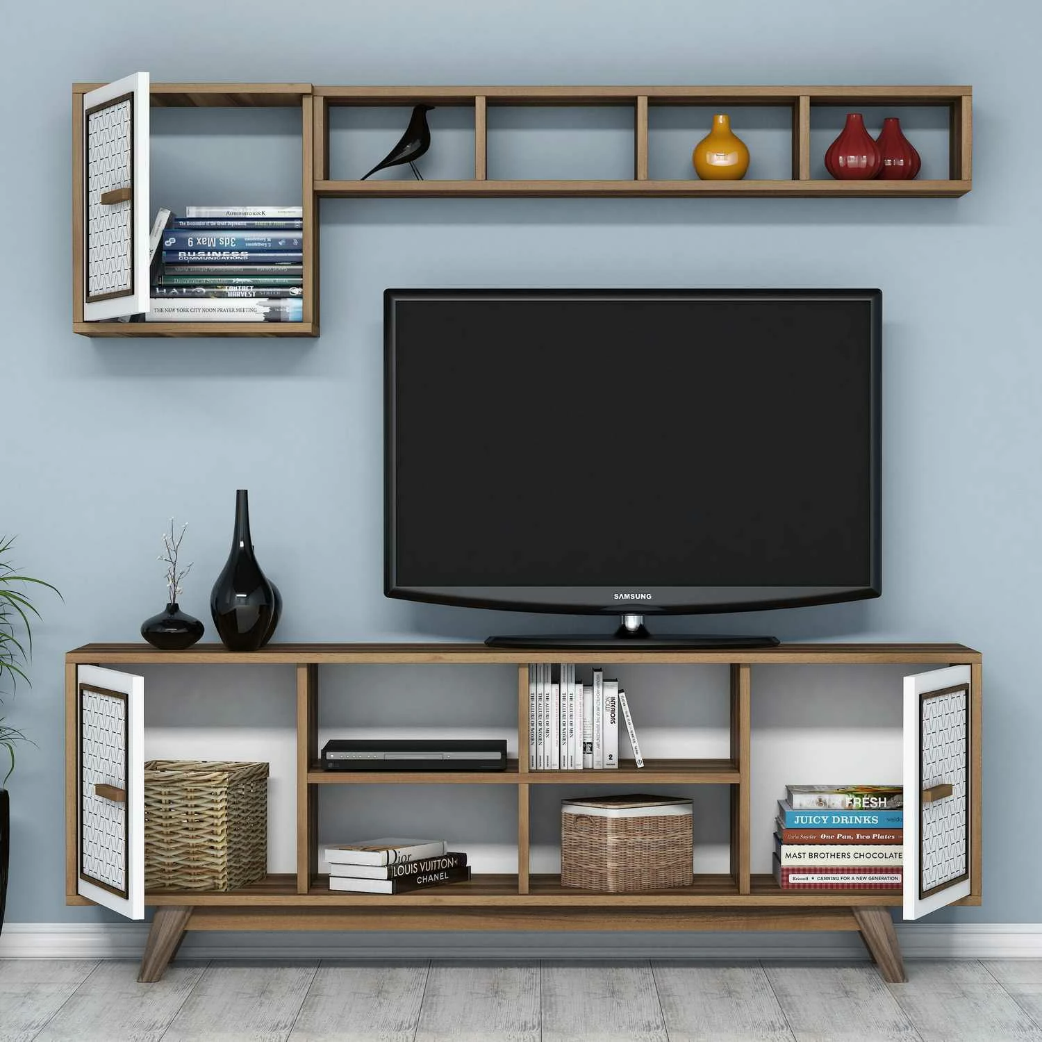 Set komodë TV Hanah Home, Ayla, ngjyrë arre dhe e bardhë