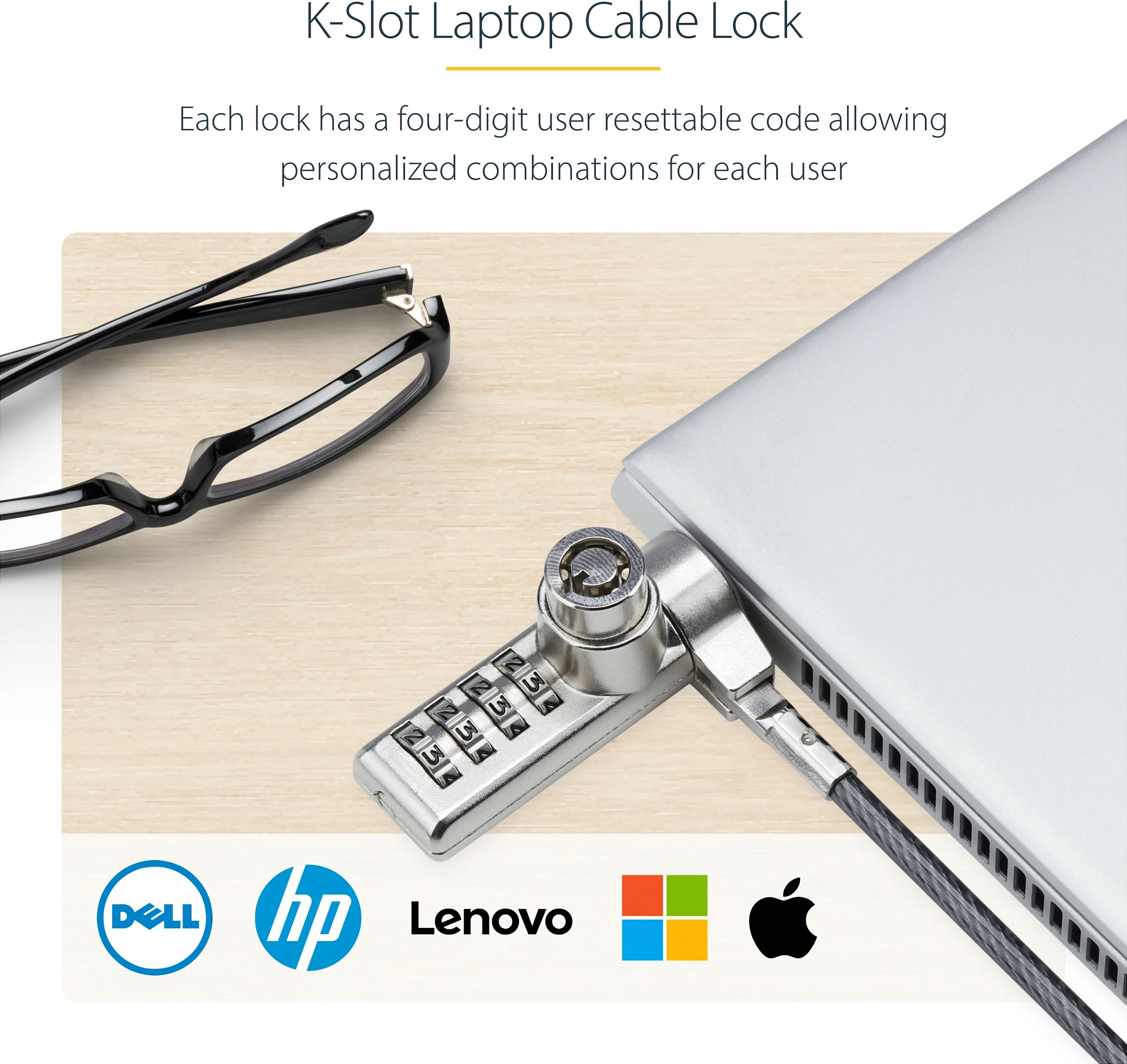 Kablollok sigurie për laptop StarTech, Kensington, 2 m, 10 copë, me çelës dhe kod, zi/çelik