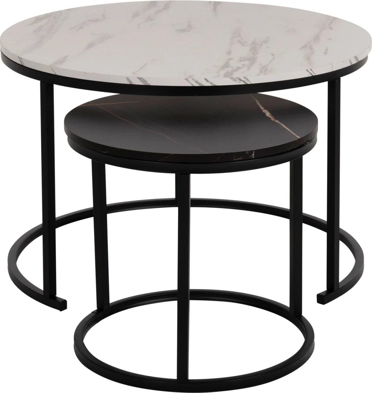 Tavolina kafeje FH8763.14 set 2 copë MDF pamje mermeri ngjyrë e përzier me këmbë të zeza Φ80-Φ48cm