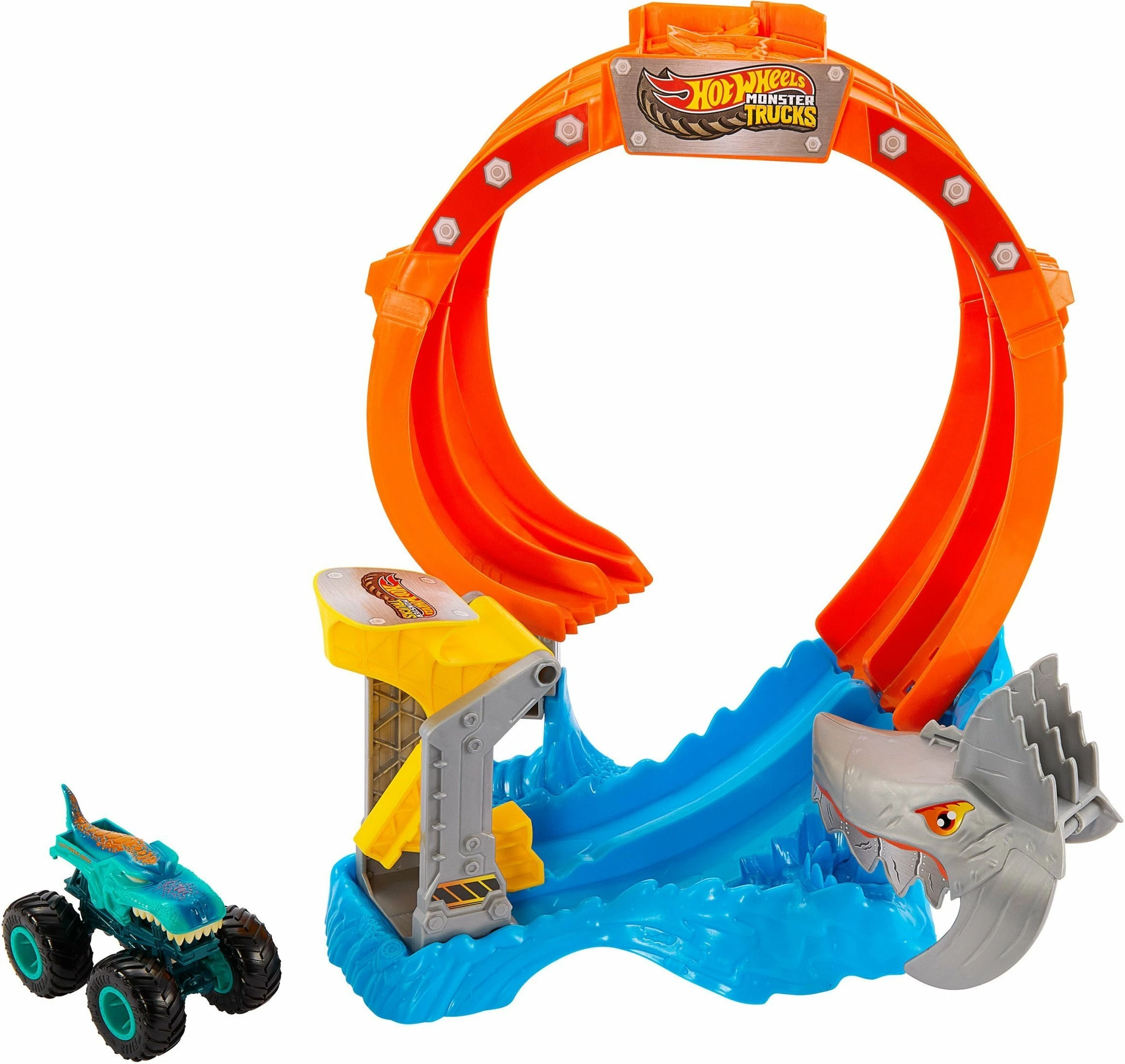 Set pistë Hot Wheels Monster Trucks Shark Loop JFR08, shkallë 1:64, me 1 monster truck, shumëngjyrëshe