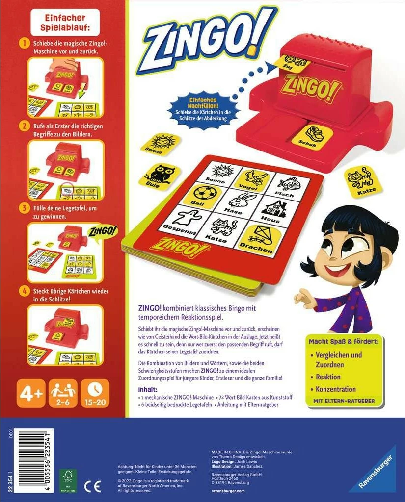 Lojë tavoline Ravensburger Zingo, 2-6 lojtarë, 72 letra, shumëngjyrëshe