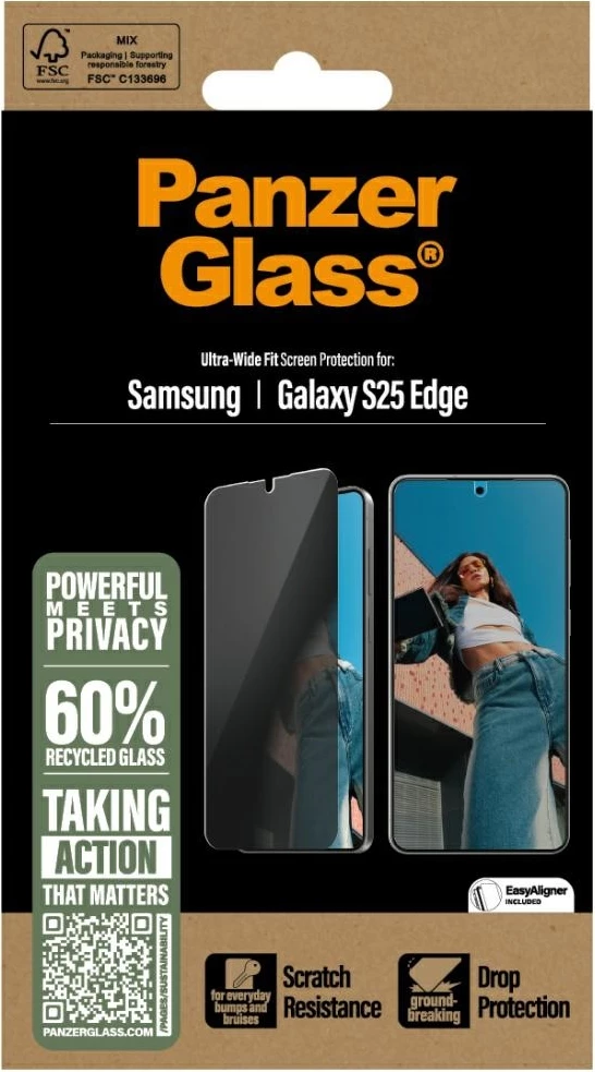Xham mbrojtës PanzerGlass Ultra-Wide Fit Privacy për Samsung Galaxy S25 Edge, Transparent