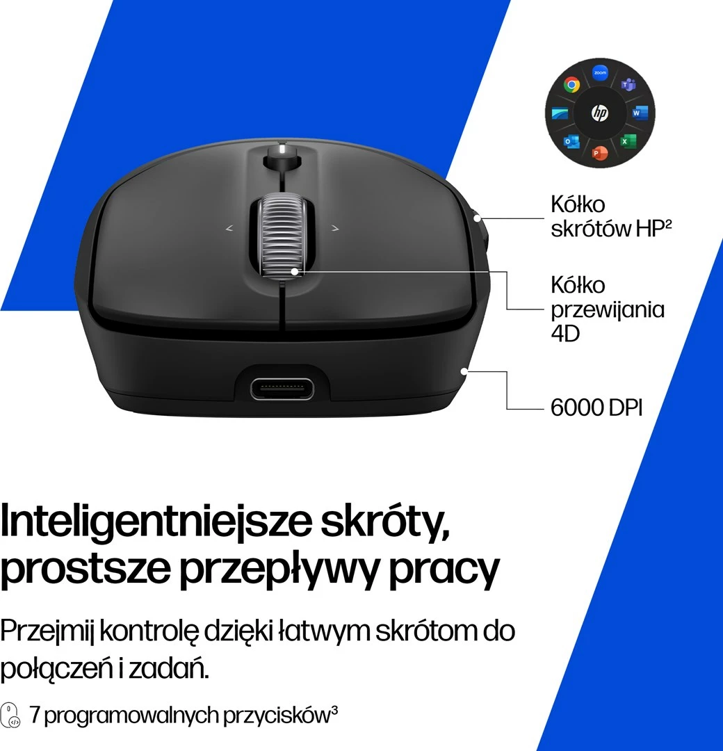 Maus wireless HP 700, rikarikueshëm, 8 butona, Bluetooth 5.2, USB Type-C, i zi