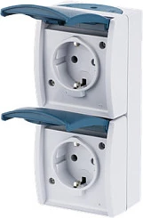 Prizë dyfishe BUSCH-JAEGER 2084-0-0701, Schuko CEE 7/3, IP44, 16A/250V, blu/bardhë