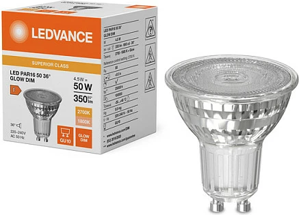 Llambë LED reflektor OSRAM PAR16 GU10, 4.5W (ekuiv. 50W), 350 lm, 2700K, e dimmueshme, transparente