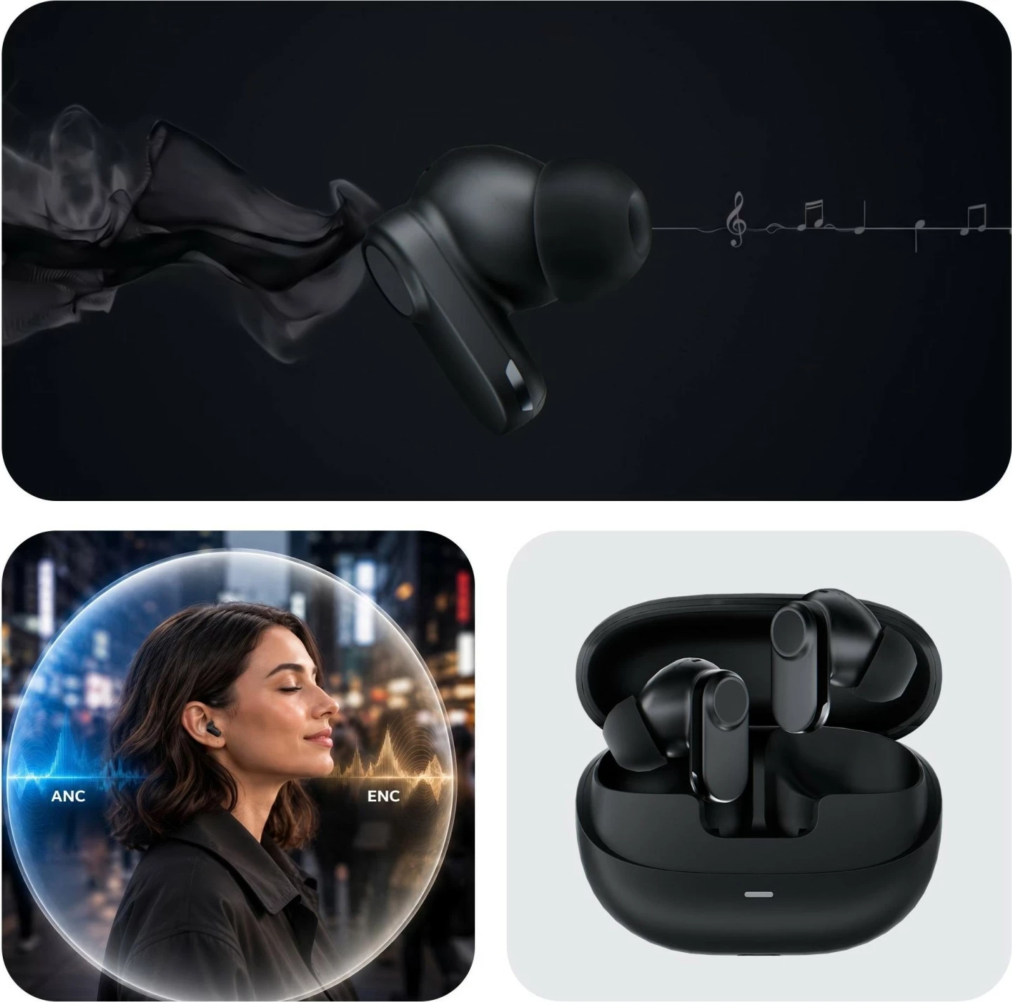 Kufje 3MK FitPods, Bluetooth 6.0, ANC, True Wireless, IPX4, të zeza
