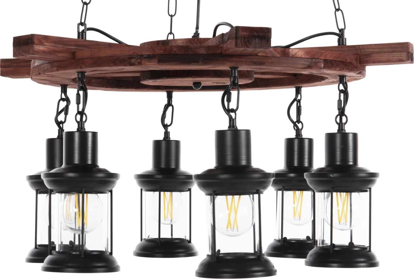 Llambë varëse tavani 6-dritash, FH4116, dru-metal-xham, 119H cm