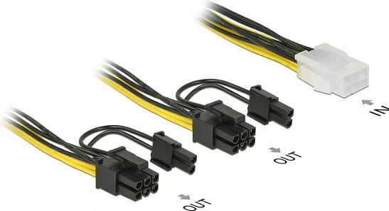 Kabllo energjie PCIe DeLOCK 85452, 6-pin në 2x 6+2 pin, 0.15 m, e zezë/verdhë