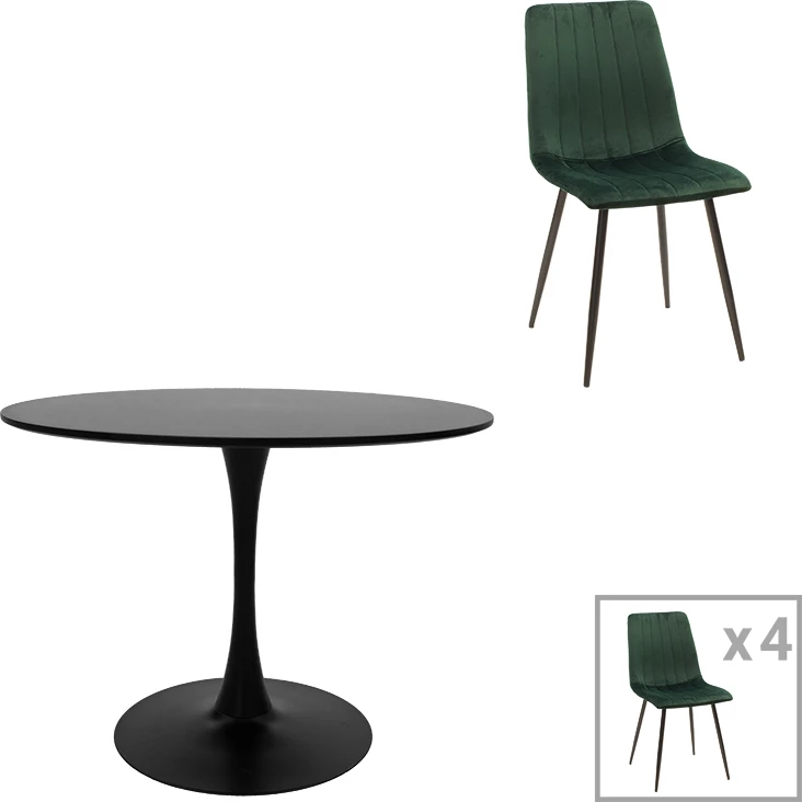 Tavolinë me karrige Balou-Noor, set 5 copë, MDF i zi, karrige kadife të gjelbra, D120x73cm