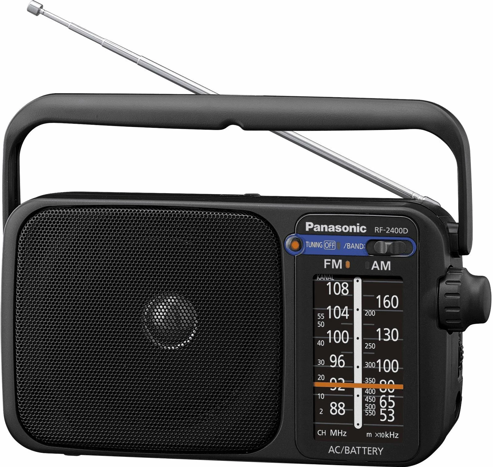 Radio Panasonic RF-2400, analog AM/FM, mono, me rrymë, e zezë