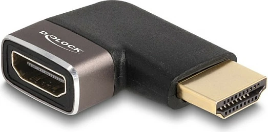 Adapter HDMI DeLOCK mashkull në femër, 90° majtas, 8K 60Hz, metal, zi/hirtë