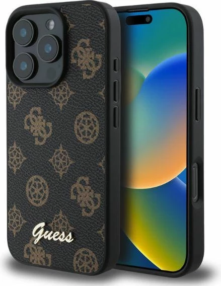 Mbështjellës Guess Peony Script MagSafe për iPhone 16 Pro, i zi