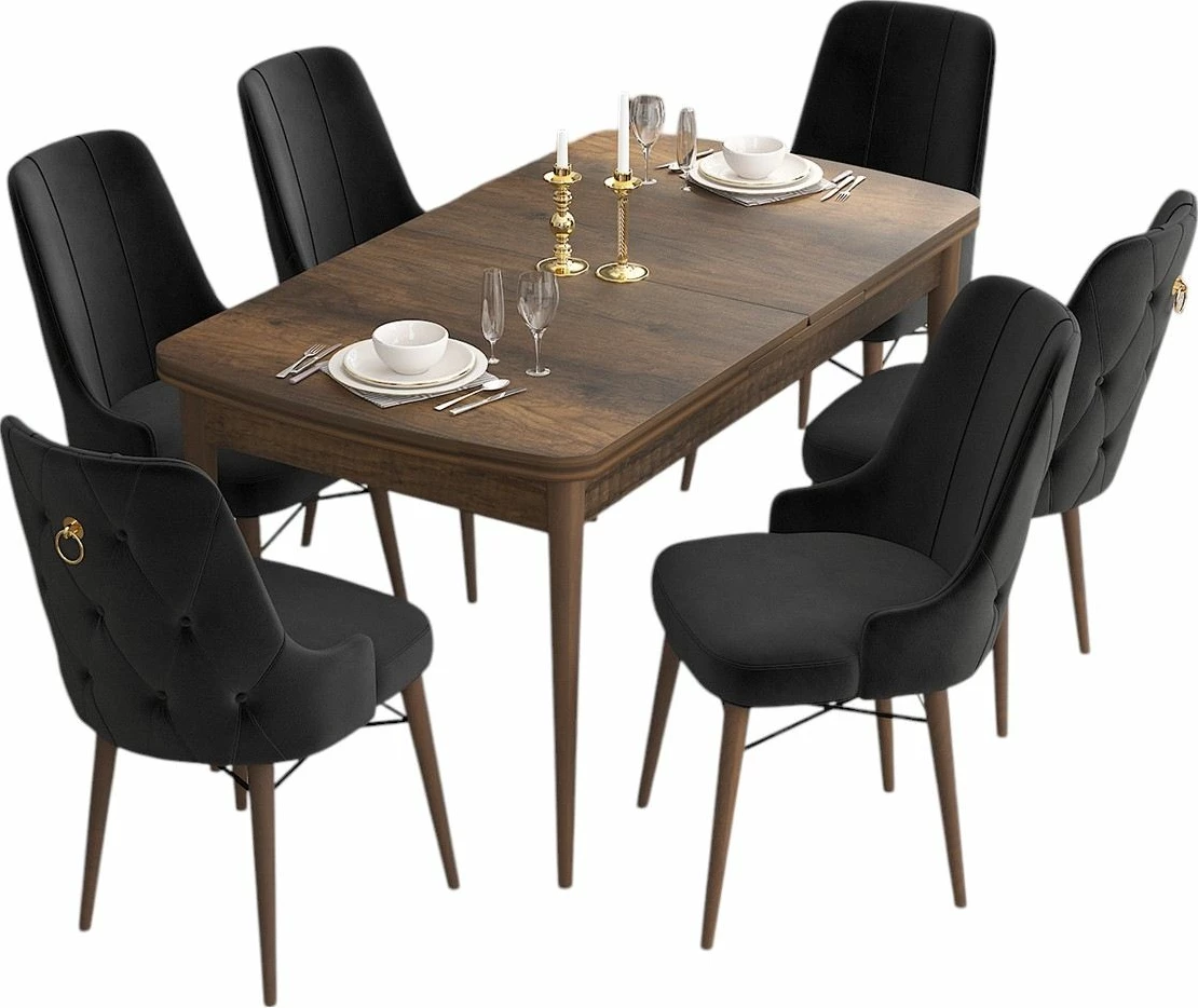 Set tavoline me karrige për ngrënie, zgjatues, 7 copë, Skye Decor, Barok, e zezë