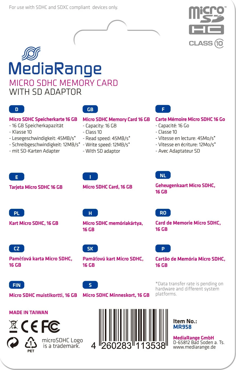 MicroSDHC kartelë MEMORJE MediaRange MR958 16GB Class 10 me adapter SD, e zezë