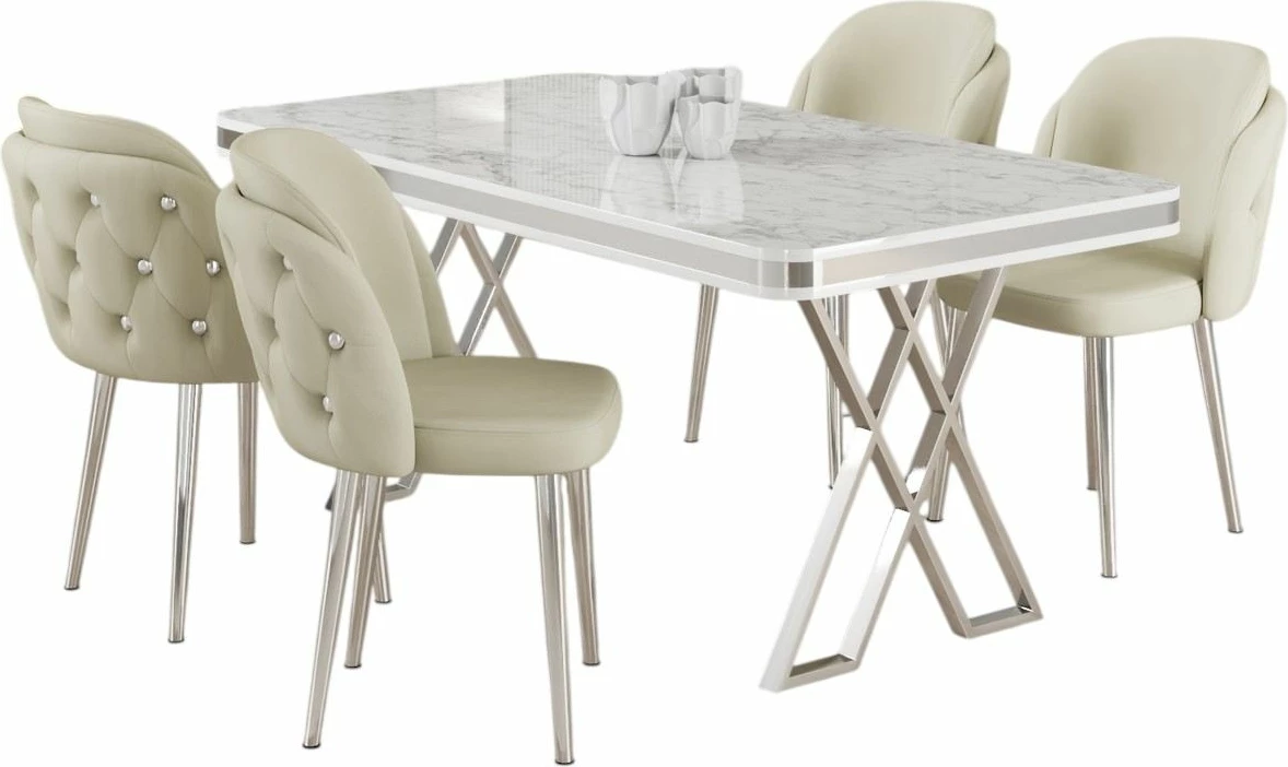 Tavolinë me karrige, 5 copë, Skye Decor Rigel, e bardhë, krom, krem