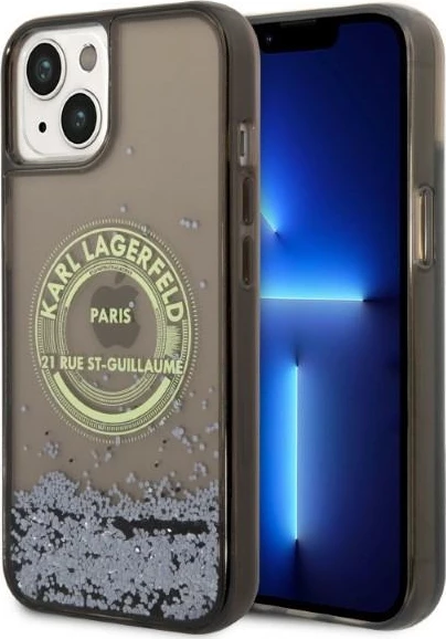 Mbështjellës Karl Lagerfeld Liquid Glitter RSG për iPhone 14 Plus, i zi