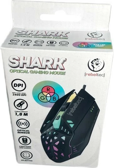 Maus gaming Rebeltec SHARK, USB me kabllo 1.8 m, 800–2400 DPI, RGB, i zi