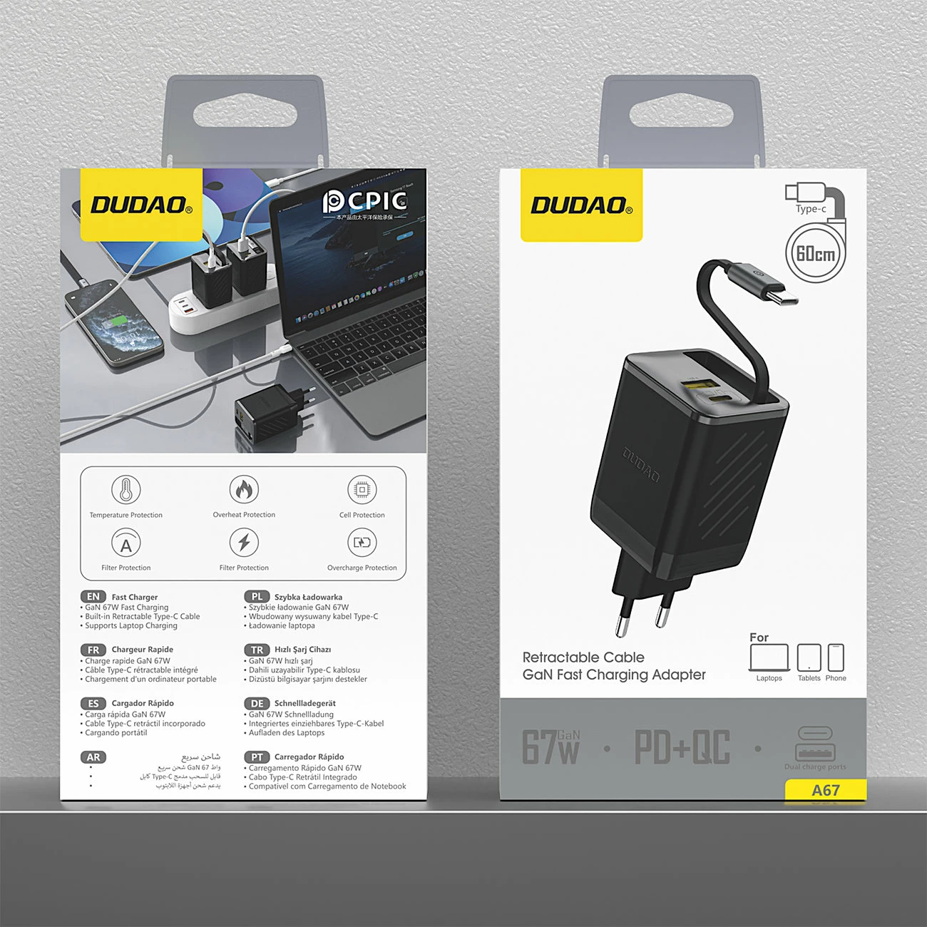 Karikues muri GaN, Dudao A67EU, 67W, 3 porta (USB-C, USB-A) me kabllo USB-C tërheqëse 60cm, EU plug, i zi
