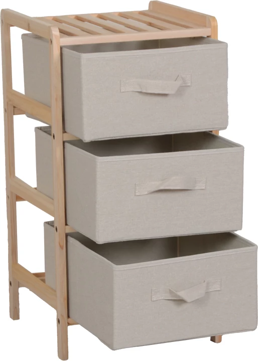 Komodë me 3 sirtarë, dru bredhi, material tekstili, ngjyrë natyrale-bezhë, 34.5x36.5x67cm