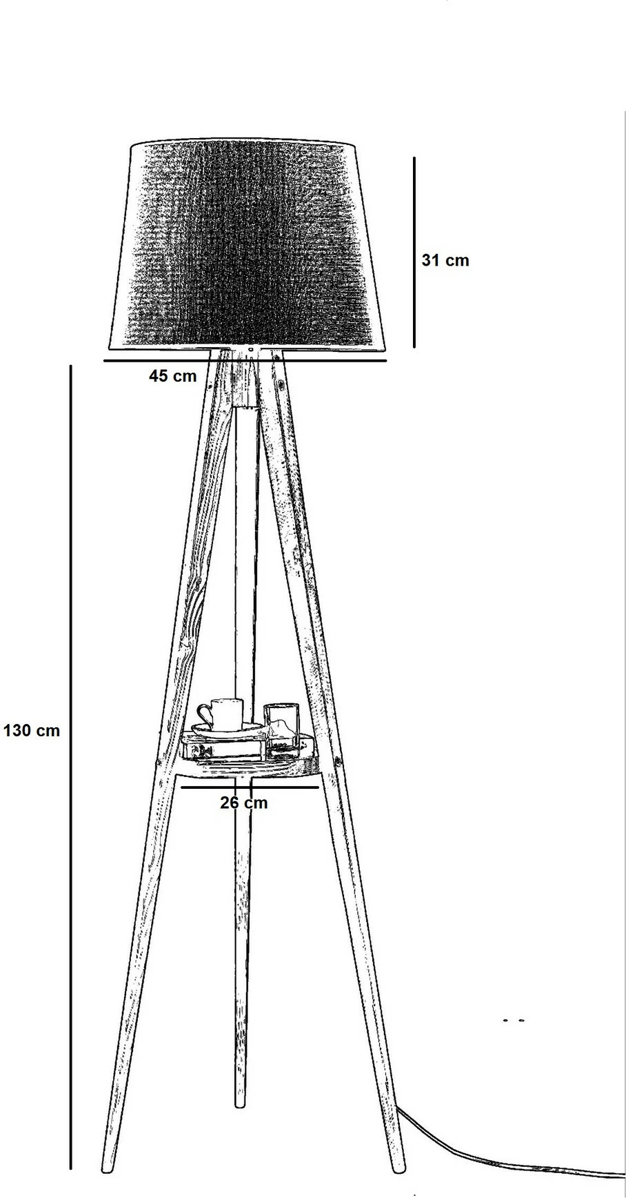 Llambë dyshemeje Opviq, tripod, trup druri, abazhuri i zi, raft