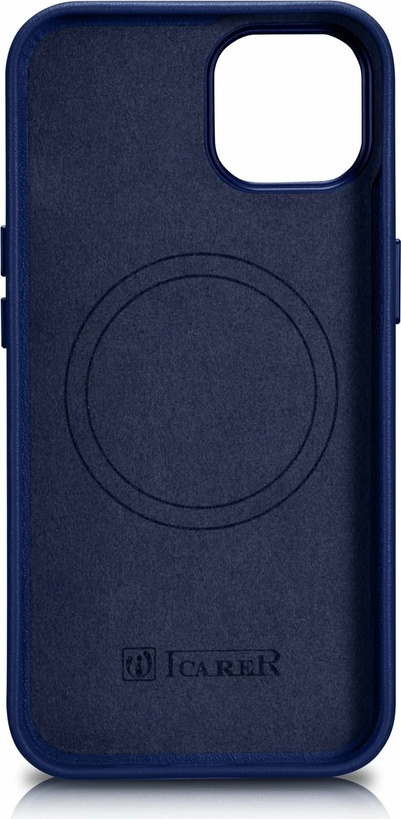 Mbështjellës iCarer për iPhone 14 Plus, lëkurë natyrale, MagSafe, Kaltër