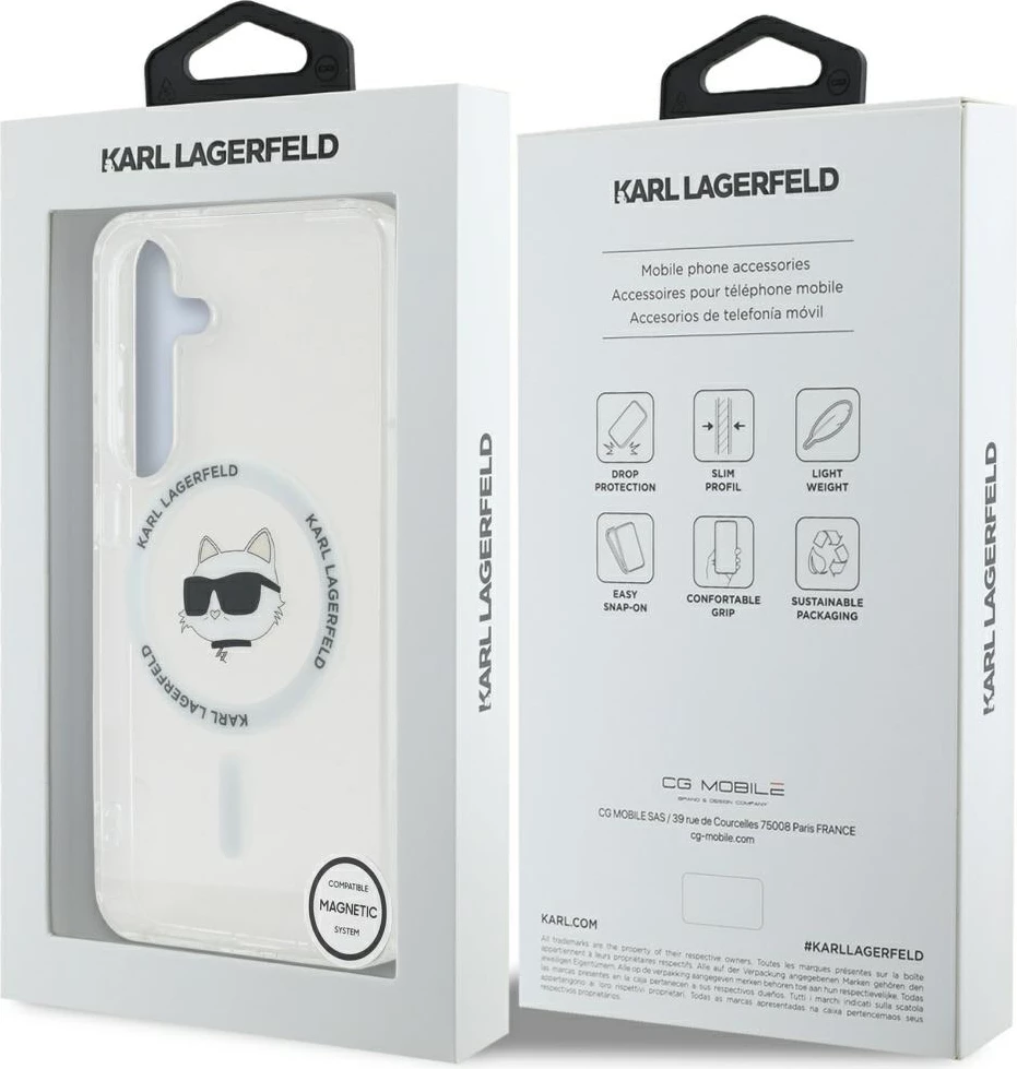 Mbështjellës Karl Lagerfeld Button Choupette Head Printed Logo MagSafe për Samsung Galaxy S25, Bardhë