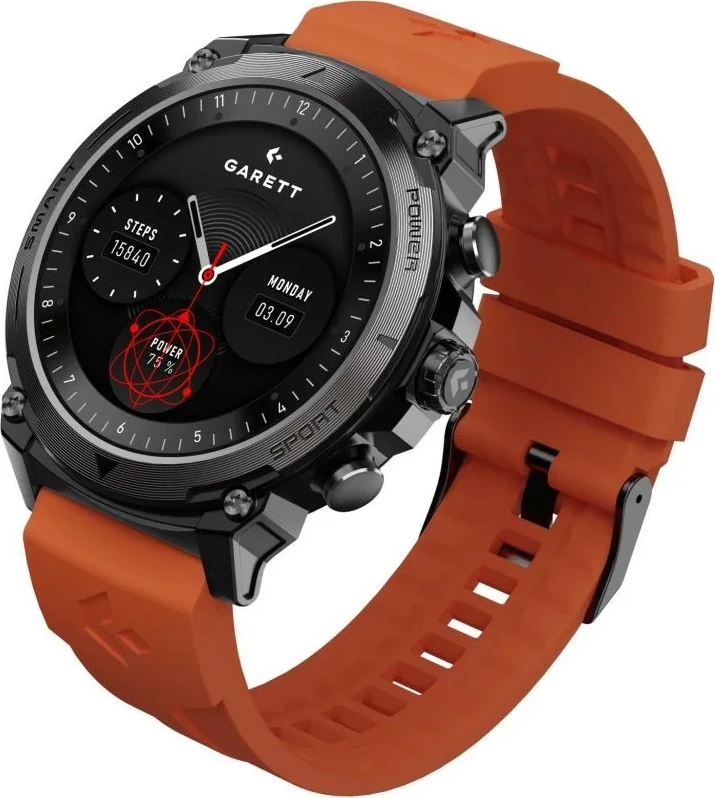 Smartwatch Garett Atom 1.43\" AMOLED, Bluetooth thirrje, IP68, 370 mAh, iOS/Android, e zezë, set me rrip silikoni shtesë