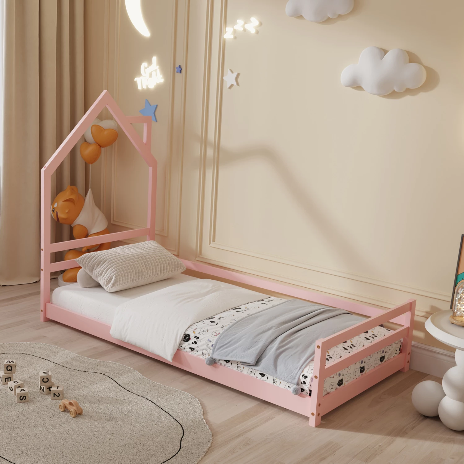 Krevat për fëmijë HOUSER FH676.06 t.MONTESSORI dru pishe i fortë ngjyrë rozë - 190x90cm