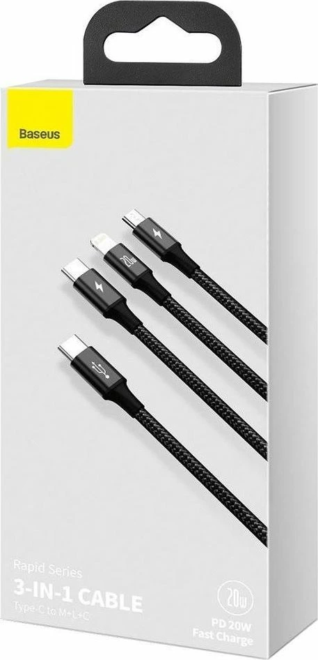 Kabllo USB Baseus Rapid 3in1 CAMLT-SC01, USB-C në USB-C + microUSB + Lightning, 1.5 m, 20W PD, e zezë, 1 copë