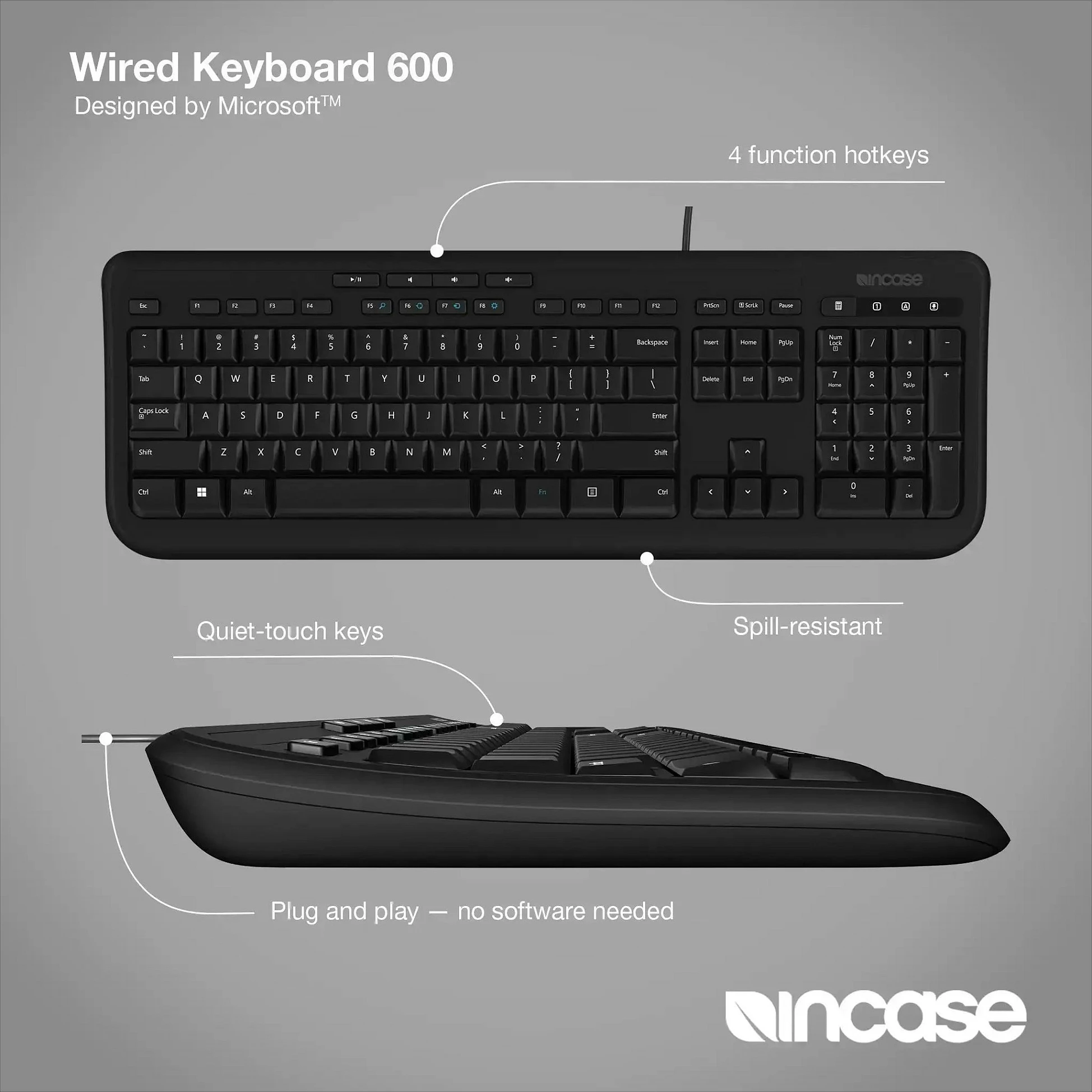 Tastierë me kabllo Incase 600, USB, Full-size, UK EN QWERTY, e zezë