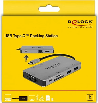 Docking station DeLOCK 87735, USB-C 3.2 Gen 1, HDMI/VGA, 2x USB-A, SD/SDHC/SDXC, USB PD deri 100W, gri