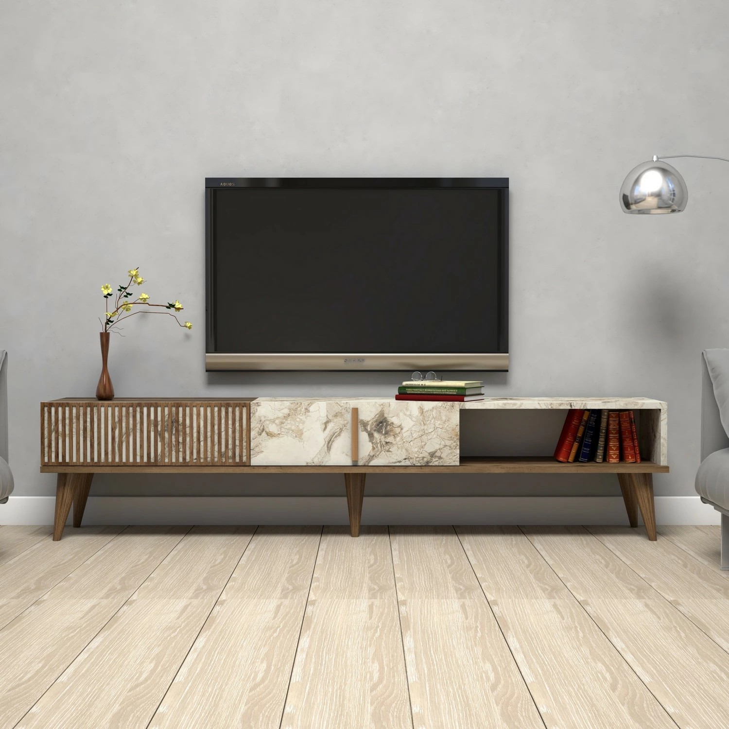 Komodë TV Skye Decor, ngjyrë arre, mermer i bardhë, Milan