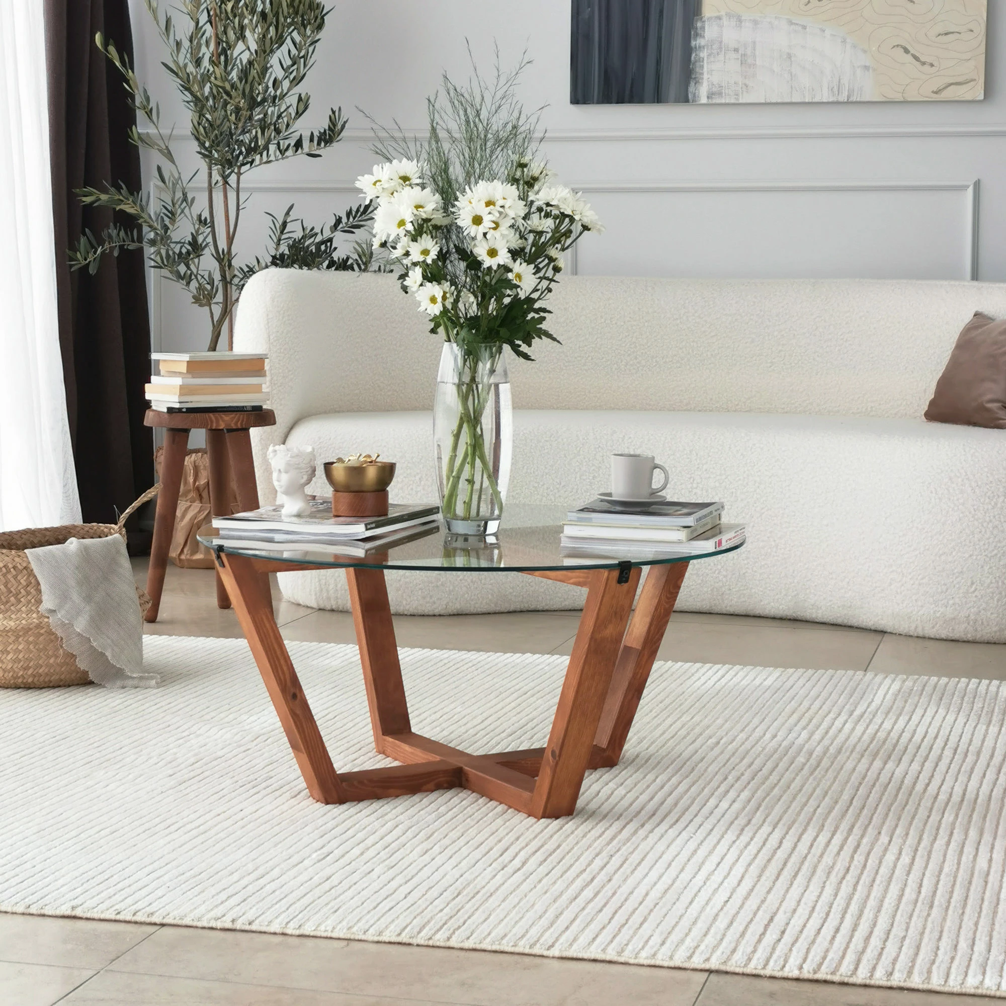 Tavolinë kafeje Hanah Home, Lotus, ngjyrë druri, xham i temperuar, 75x35x75cm