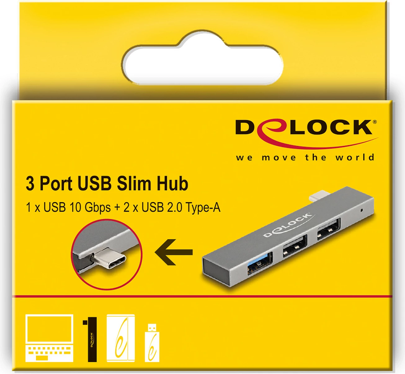 USB hub DeLOCK 3-Port Slim USB-C, 10 Gbps, 1x USB-A 3.2 Gen 2 + 2x USB 2.0, metal, gri