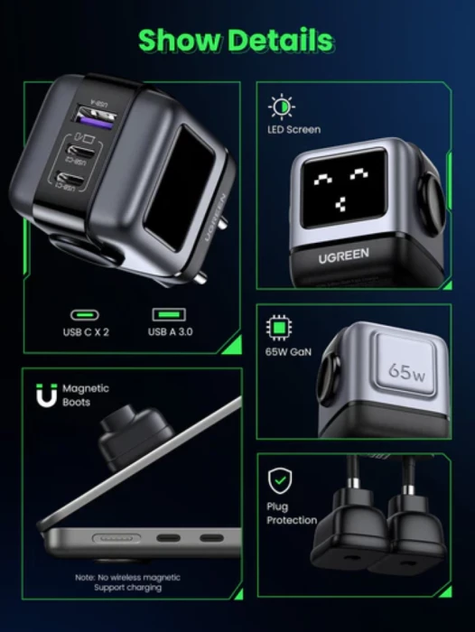 Karikues UGREEN Nexode Robot GaN 65W MPN 25685B, 2x USB-C + 1x USB-A, me LED ekran, gri