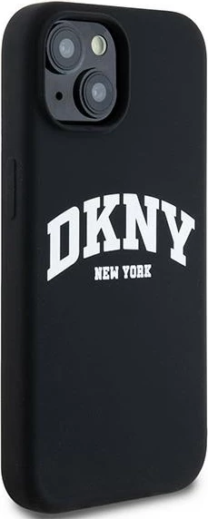 Mbështjellës DKNY Liquid Silicone me logo të bardhë, MagSafe, për iPhone 15 Plus / 14 Plus, i zi