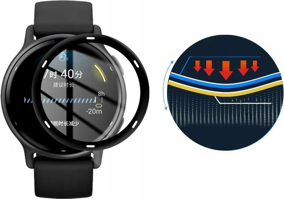 Xham mbrojtës hibrid Wozinsky Full Glue Full Cover për Garmin Vivoactive 5 38mm 0.2mm 7H, i zi, 2 copë