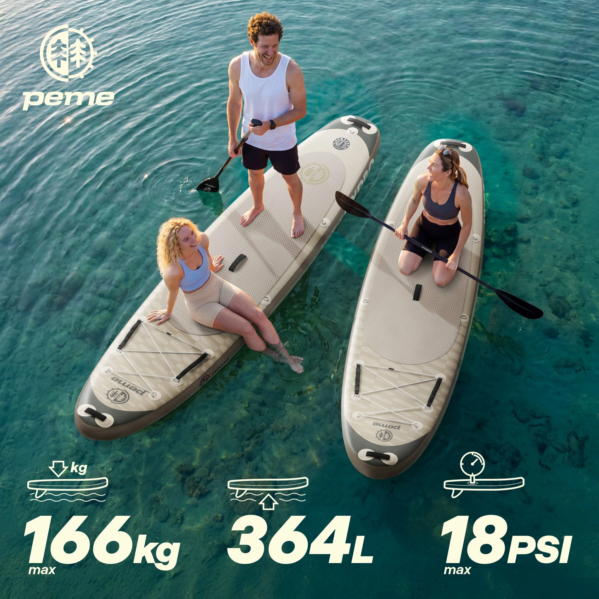 Dërrasë SUP me fryrje Peme Hydro 350 350x81x15 cm, Allround, deri 166 kg, set me lopatë/pompë/çantë, bezhë