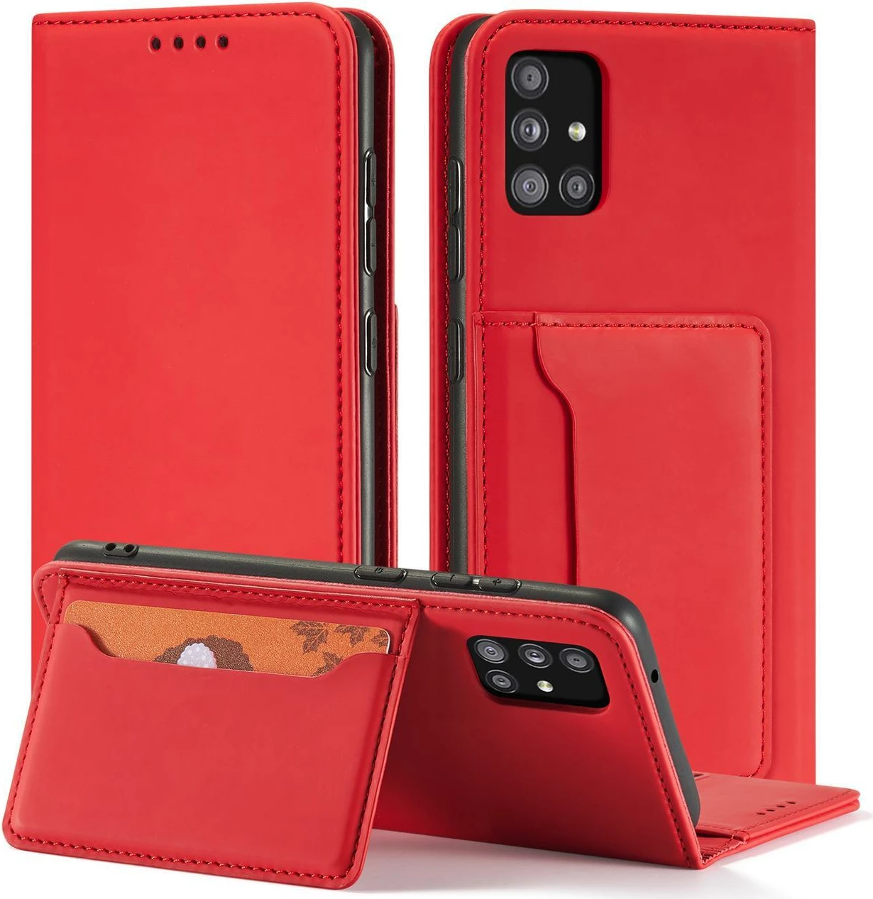 Mbështjellës Hurtel Magnet Card Case për Samsung Galaxy A13 5G, me portofol dhe mbajtëse, Kuq