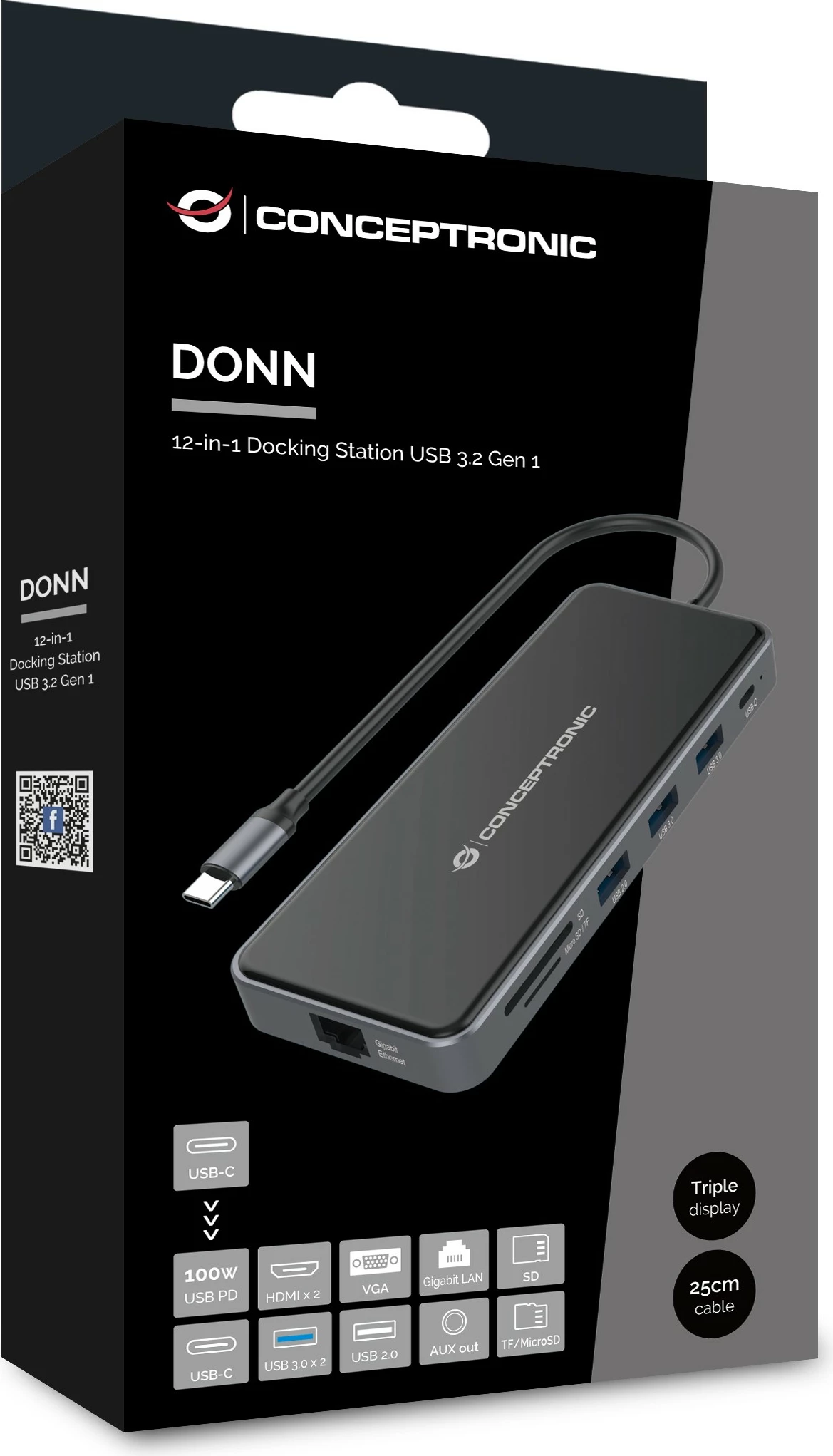 Docking station Conceptronic 12-1 USB-C, 2x HDMI, 3x USB-A, AUX, 25cm, gri