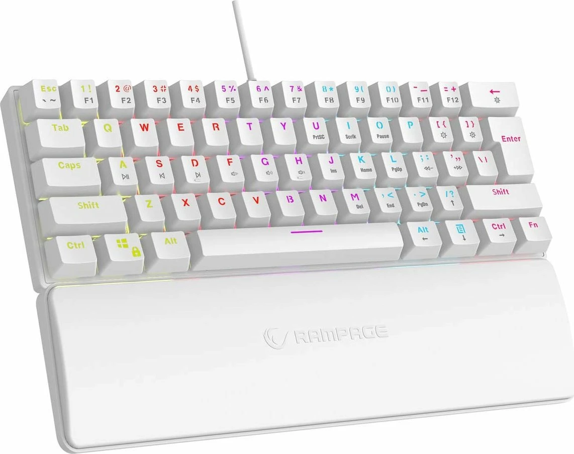 Tastierë gaming Rampage Plower K60 RMP Blue Switch 60% USB RGB e bardhë, me wrist rest